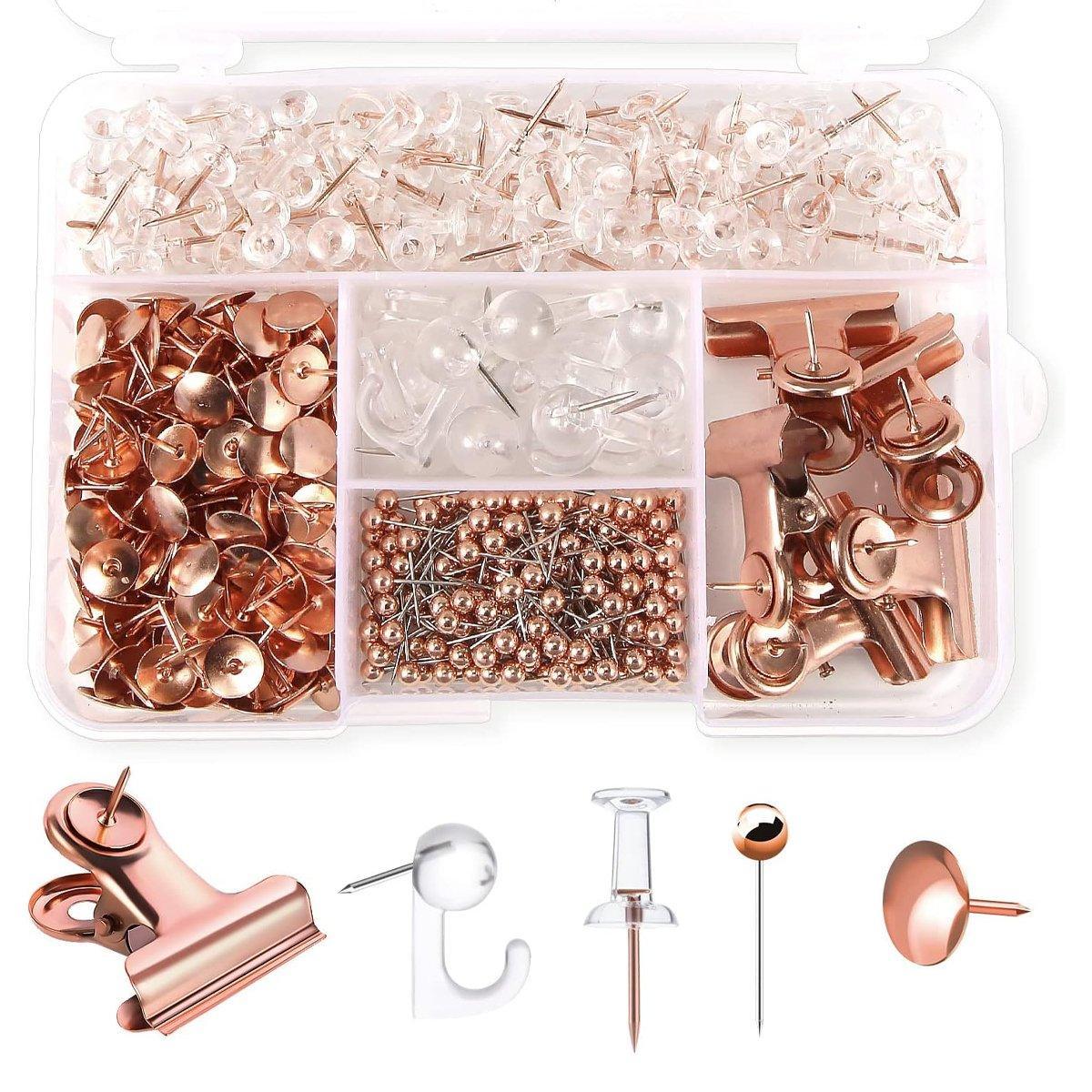 465PCS Rose Gold Thumbtacks Binder Clips Push Pins Set Office Supplies With Box V528-PUSHPIN-SET-ROSE-GOLD-241258