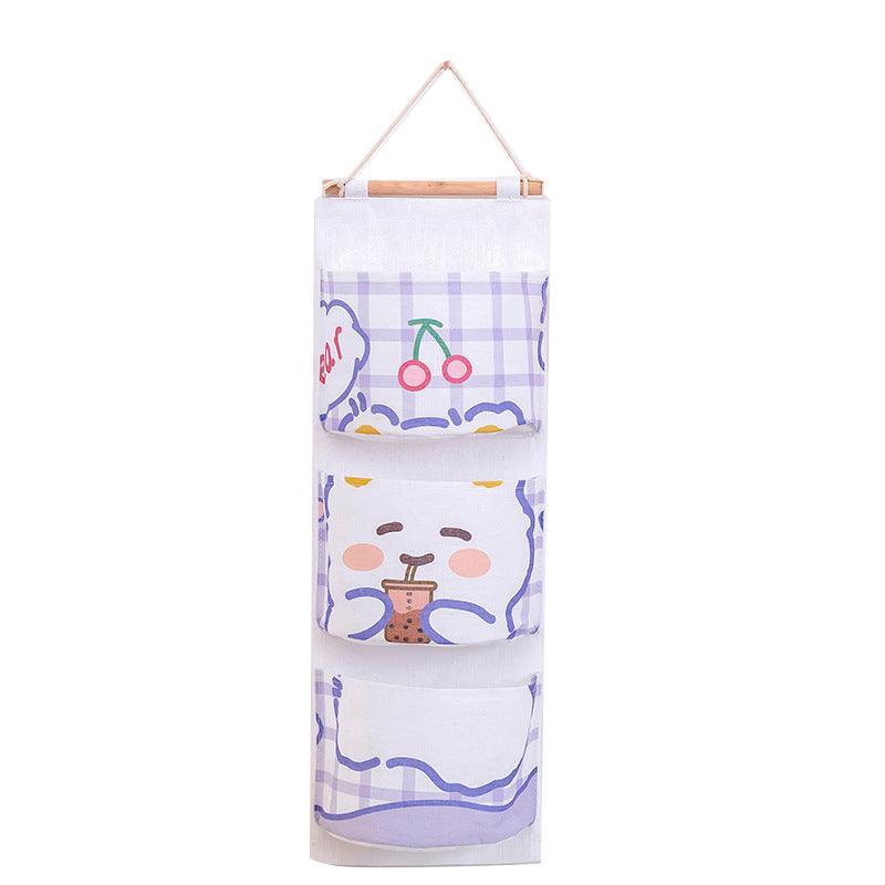 3 Pocket Hanging Storage Bag with Wooden Rod for Wall or Door Organisation - Bear V528-PY618-BEAR-422299