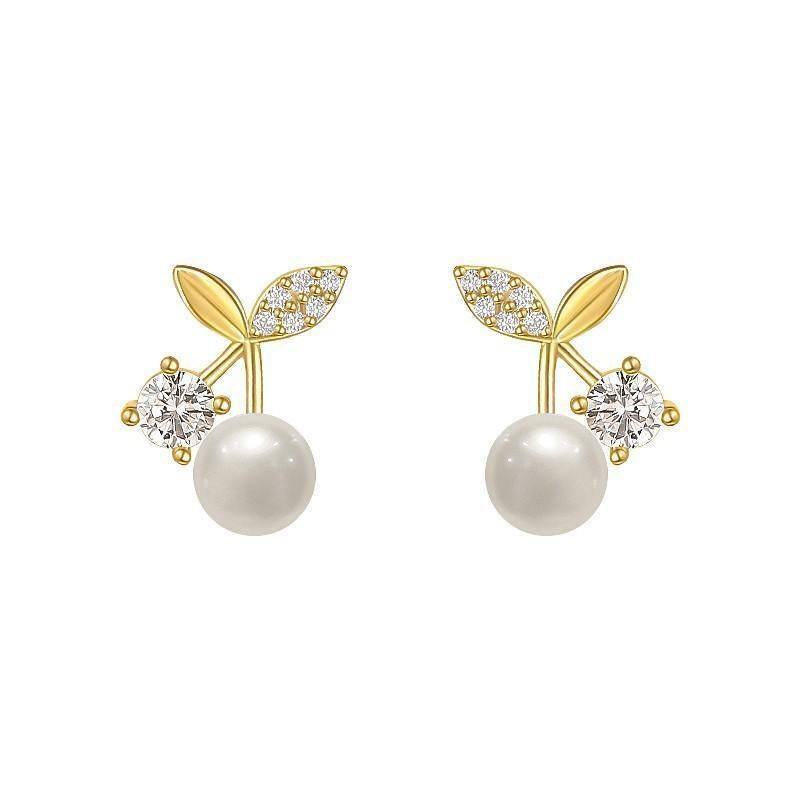 Fashion Pearl Wedding Earrings Zircon Cherry Stud Pearl Earrings for Women - Cherry V528-QLX35-C-11993