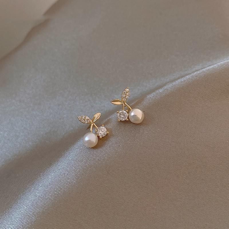 Fashion Pearl Wedding Earrings Zircon Cherry Stud Pearl Earrings for Women - Cherry V528-QLX35-C-11993