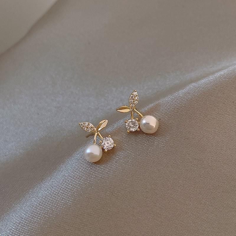 Fashion Pearl Wedding Earrings Zircon Cherry Stud Pearl Earrings for Women - Cherry V528-QLX35-C-11993
