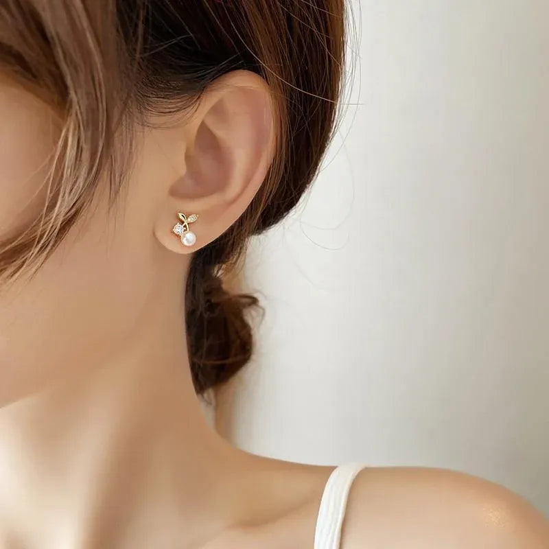 Fashion Pearl Wedding Earrings Zircon Cherry Stud Pearl Earrings for Women - Cherry V528-QLX35-C-11993