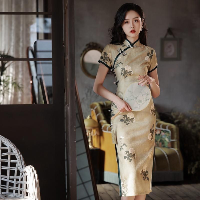 Retro Chinese Style Yellow Jacquard Cheongsam Short Sleeve Improved Young Style - XXL V528-QP-YELLOW-2XL-494727