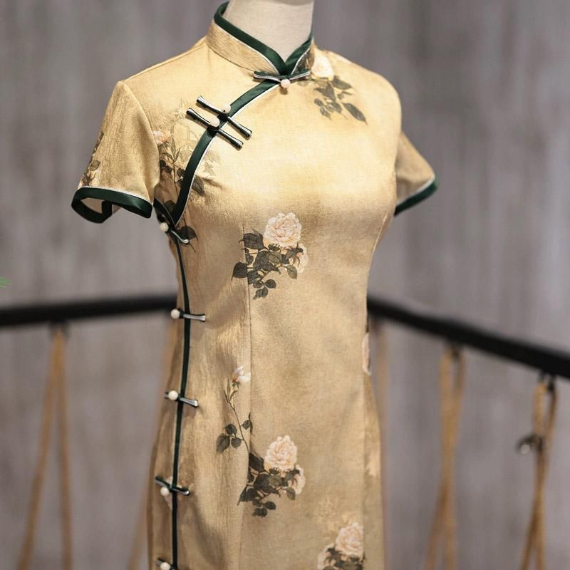 Retro Chinese Style Yellow Jacquard Cheongsam Short Sleeve Improved Young Style - XXL V528-QP-YELLOW-2XL-494727