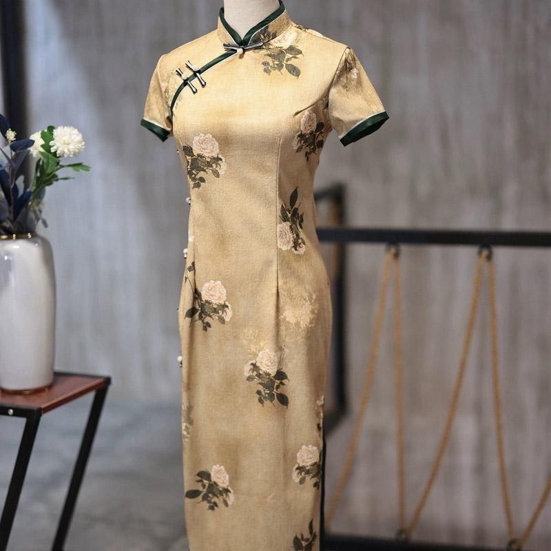Retro Chinese Style Yellow Jacquard Cheongsam Short Sleeve Improved Young Style - XXL V528-QP-YELLOW-2XL-494727