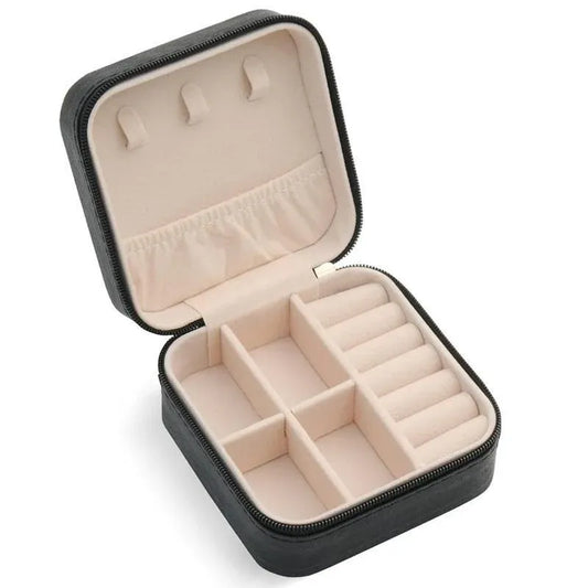 Travel Jewelry Organizer Box Portable Leather Storage Ornaments Ring Earrings - Black (10x10x5cm) V528-QW-BLACK-506009
