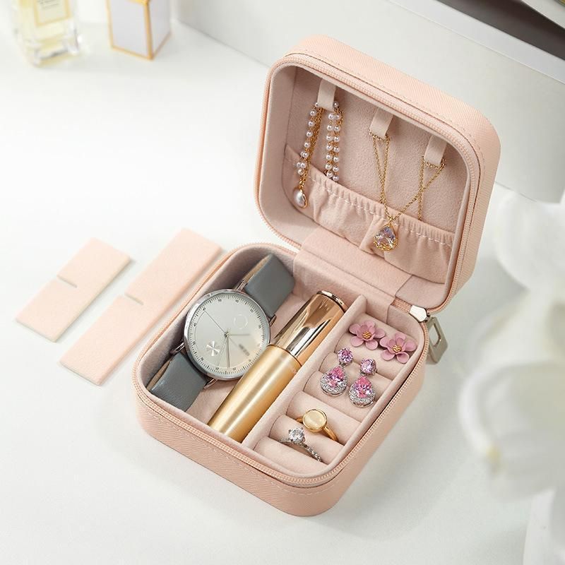 Travel Jewelry Organizer Box Portable Leather Storage Ornaments Ring Earrings - Grey (10x10x5cm) V528-QW-GREY-673496