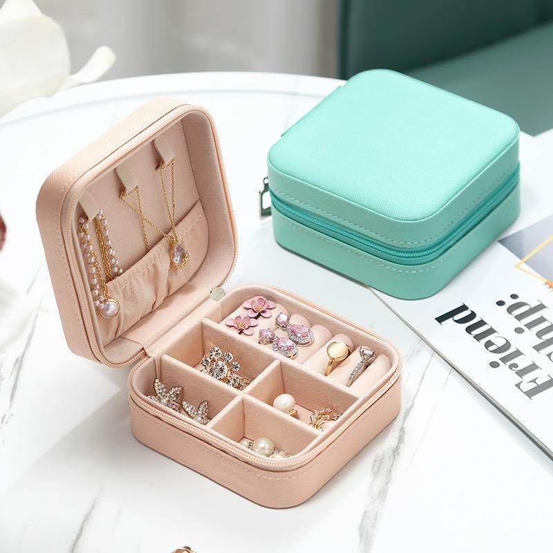 Travel Jewelry Organizer Box Portable Leather Storage Ornaments Ring Earrings - Pink (10x10x5cm) V528-QW-PINK-177307