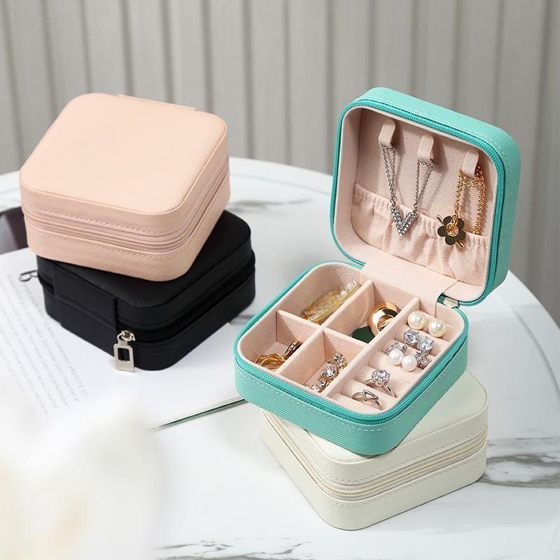 Travel Jewelry Organizer Box Portable Leather Storage Ornaments Ring Earrings - White (10x10x5cm) V528-QW-WHITE-286592