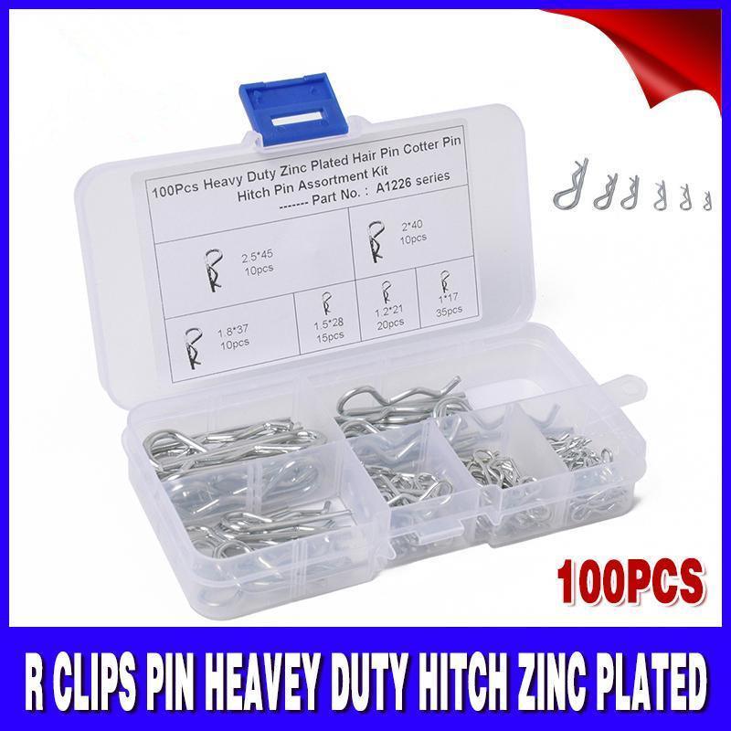 100Pcs Heavy-Duty Zinc-Plated R Clips Pin Tractor Hitch Assortment V528-R-PIN-100PCS-23110