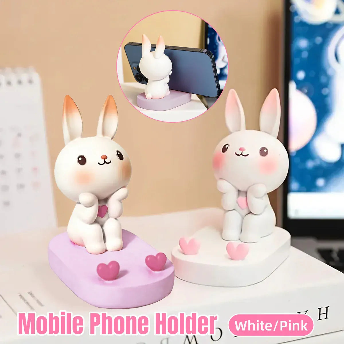 Cartoon Rabbit Phone Holder Desktop Stand Cute Mobile Phone Stand for Office - White V528-RABBIT-WHITE-593873