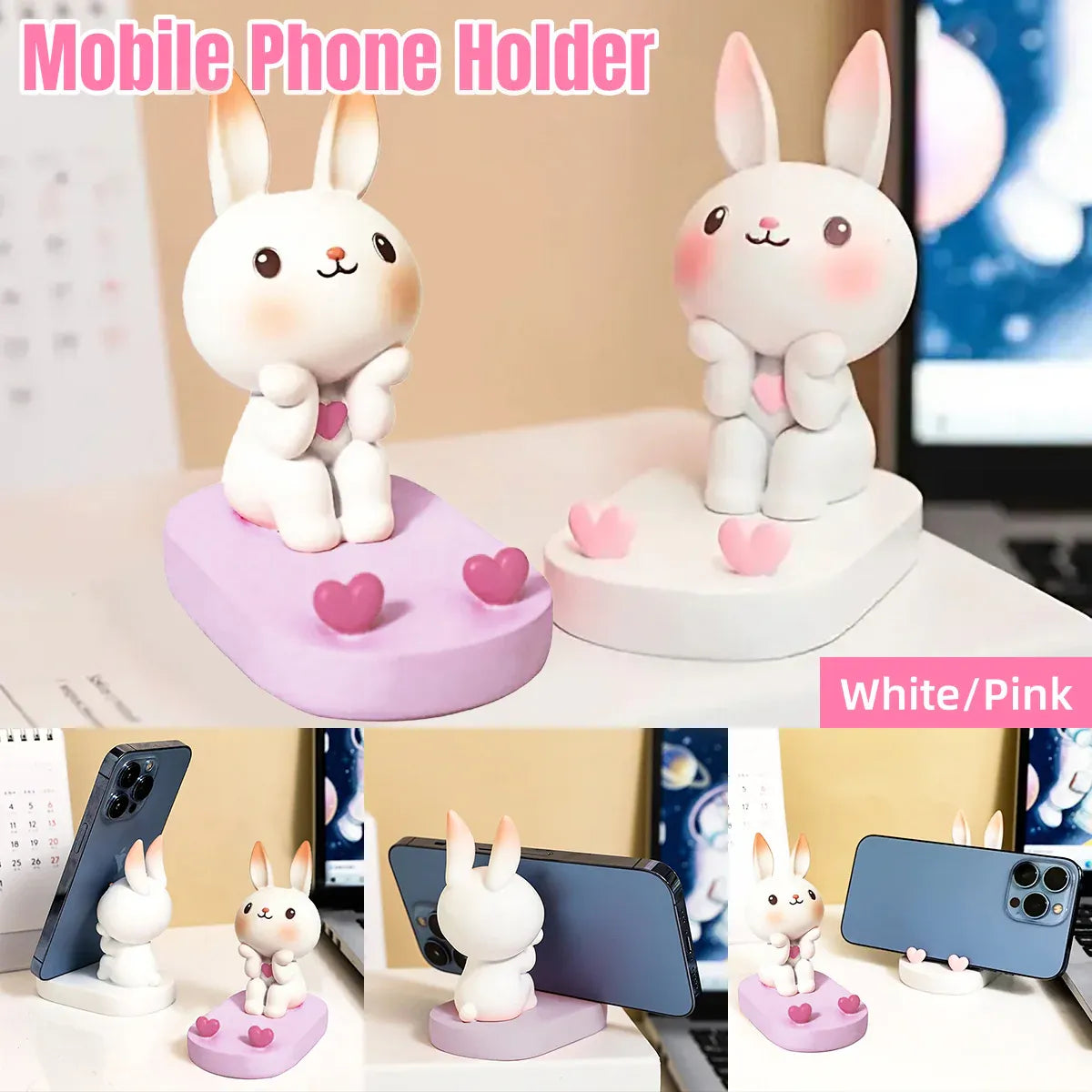 Cartoon Rabbit Phone Holder Desktop Stand Cute Mobile Phone Stand for Office - White V528-RABBIT-WHITE-593873