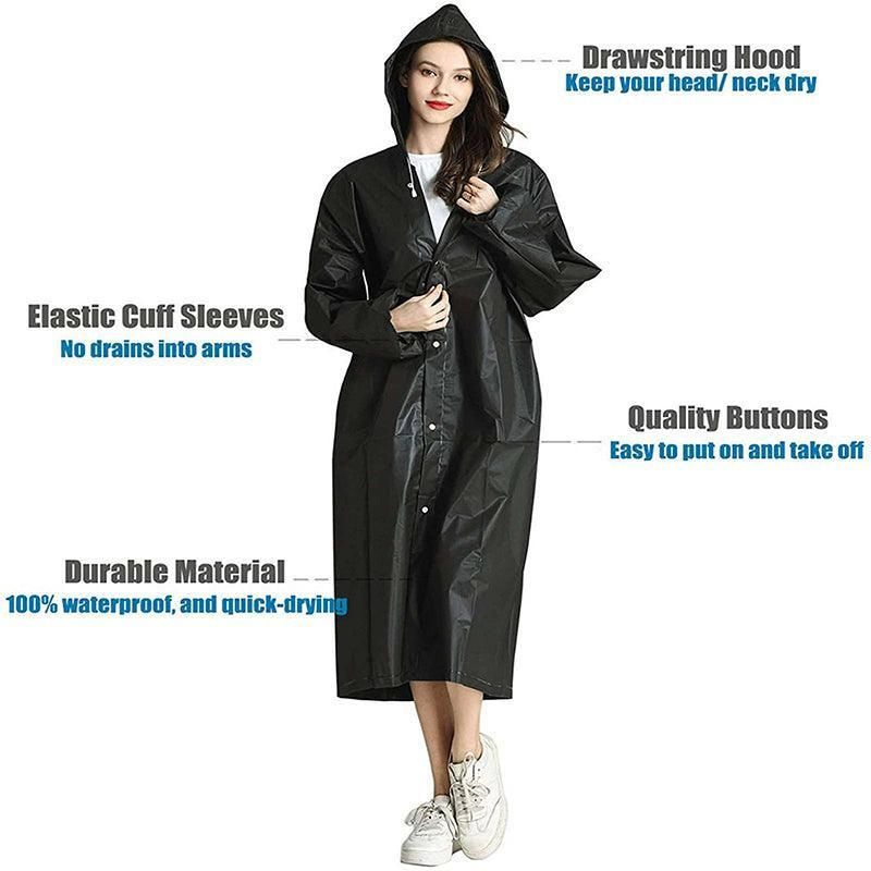 Waterproof Raincoat Jacket Mens Womens Long Hooded Rainwear Eva Rain Coat Au V528-RAINCOAT-BLACK-136741