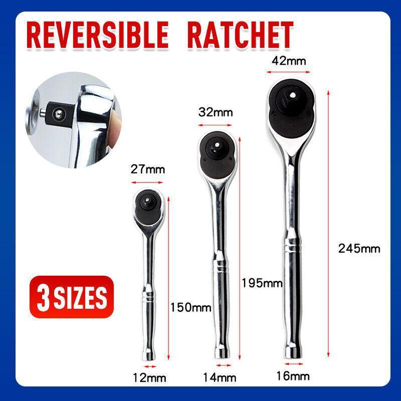 Quick Release Ratchet Handle 1/4 inch 3/8 inch 1/2 inch Drive Reversible Socket Wrench - 14x195x32mm