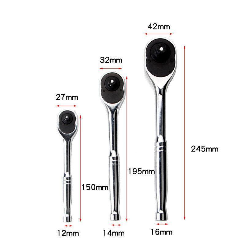 Quick Release Ratchet Handle 1/4 inch 3/8 inch 1/2 inch Drive Reversible Socket Wrench - 14x195x32mm