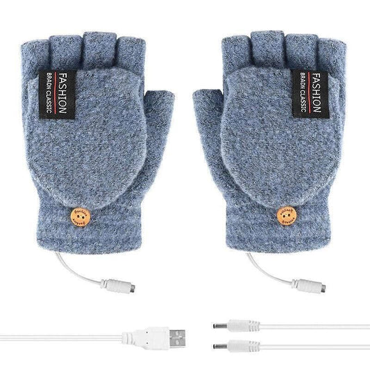 USB Heated Half Finger Gloves Winter Warm Knitted Gloves for Typing and Office Use - Blue V528-RECHARGEABLEMITTEN-BLUE-465051