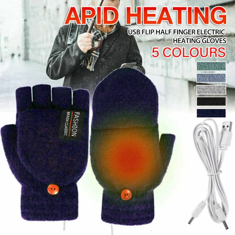 USB Heated Half Finger Gloves Winter Warm Knitted Gloves for Typing and Office Use - Blue V528-RECHARGEABLEMITTEN-BLUE-465051