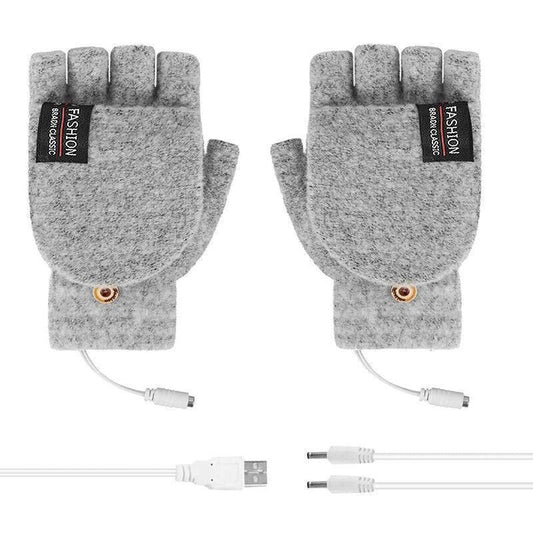 USB Heated Half Finger Gloves Winter Warm Knitted Gloves for Typing and Office Use - Grey V528-RECHARGEABLEMITTEN-GREY-726413