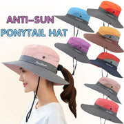 Women Wide Brim Ponytail Hat Sun Protect Visor Summer Beach Cap Anti Uv Floppy - Red V528-RECOLOUR-RED93496