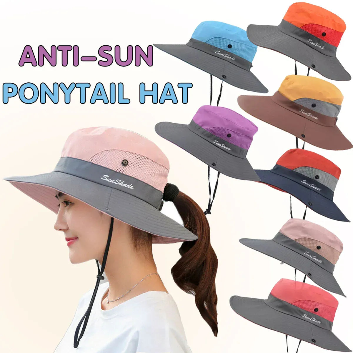 Women Wide Brim Ponytail Hat Sun Protect Visor Summer Beach Cap Anti Uv Floppy - Red V528-RECOLOUR-RED93496