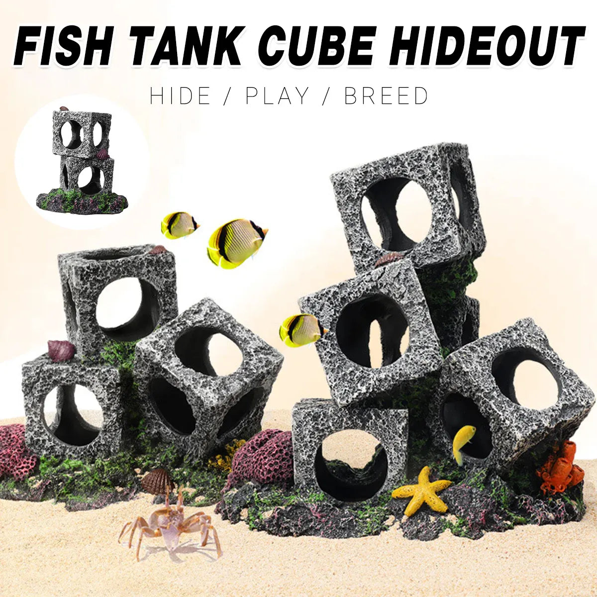 Fish Tank Shrimp Shelter House Square Stone Cave Aquarium Breeding Hiding Decor - 3 Squares V528-REFUGE-HOUSE-3-339924