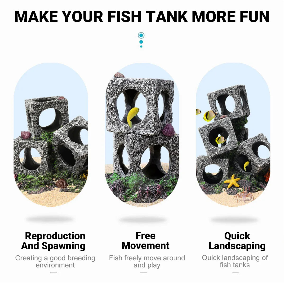 Fish Tank Shrimp Shelter House Square Stone Cave Aquarium Breeding Hiding Decor - 3 Squares V528-REFUGE-HOUSE-3-339924