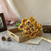 10pcs Artificial Silk Simulation Rose Flowers - Wedding Party Home Decorations - Gold V528-ROSE-GOLD-10PCS-777636