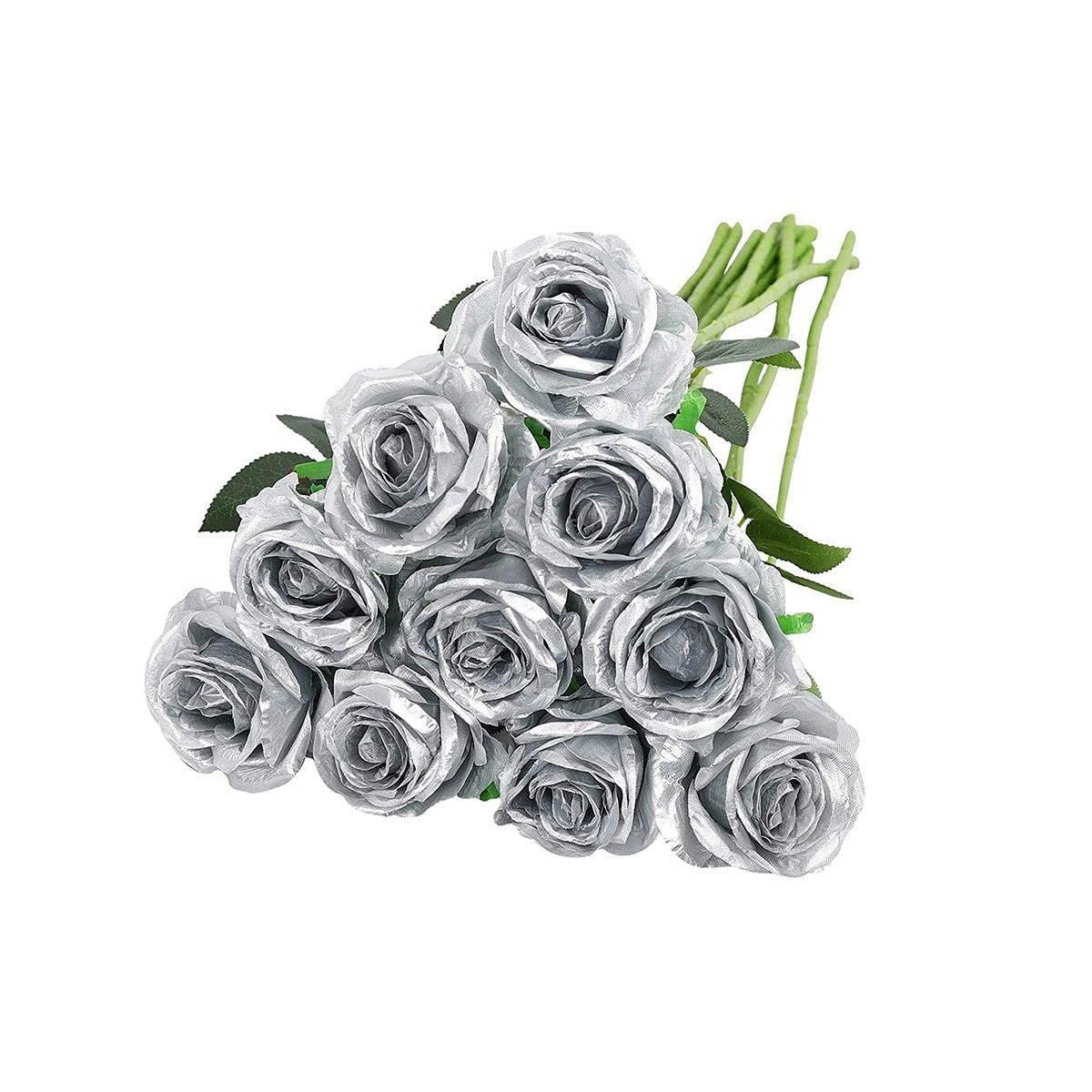 10pcs Artificial Silk Simulation Rose Flowers - Wedding Party Home Decorations - Silver V528-ROSE-SILVER-10PCS-106112