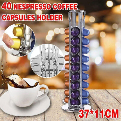 40 Capsules Rotating Coffee Pod Holder Rack for Nespresso Chrome Countertop Stand V528-ROTARYCOFFEESTAND-SILVER-16002
