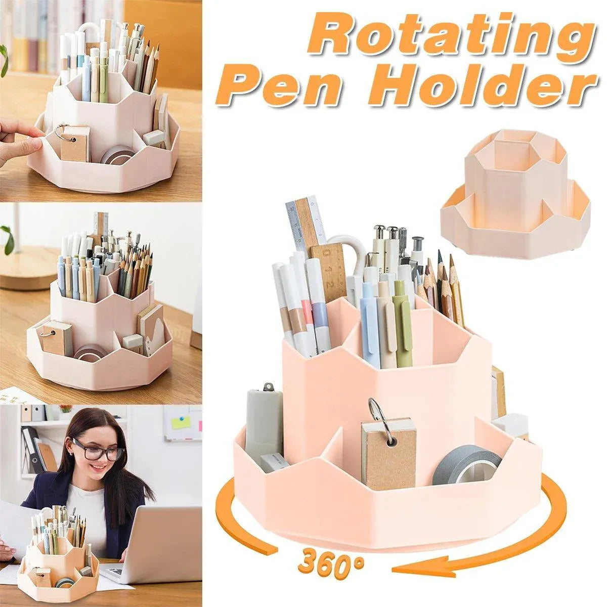 360 Degree Rotating Large Capacity Pen Holder Plastic Desktop Office Student Organizer V528-ROTATING-PEN-HOLDER-PINK-641258