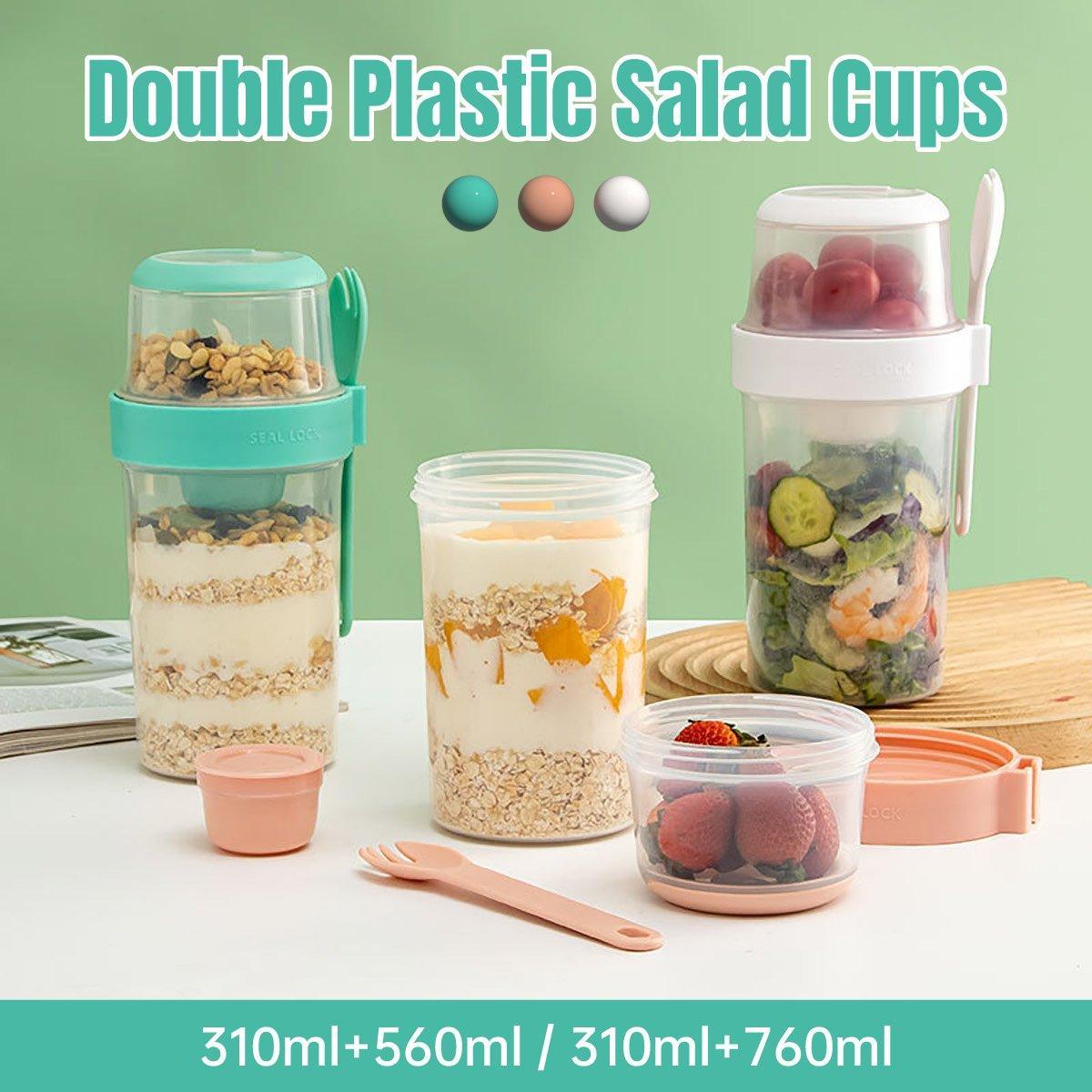 Double Plastic Salad Cup with Fork Sealed Breakfast Container for On-the-Go Meal - 760ml-Green V528-SALAD-CUPS-760ML-GREEN-714971