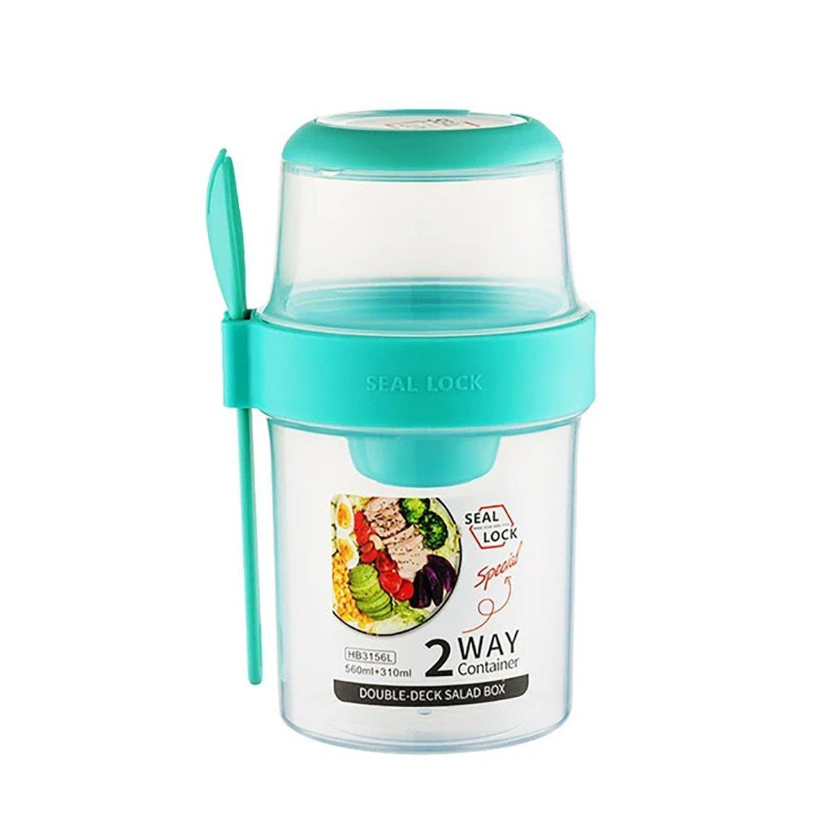 Double Plastic Salad Cup with Fork Sealed Breakfast Container for On-the-Go Meal - 760ml-Green V528-SALAD-CUPS-760ML-GREEN-714971