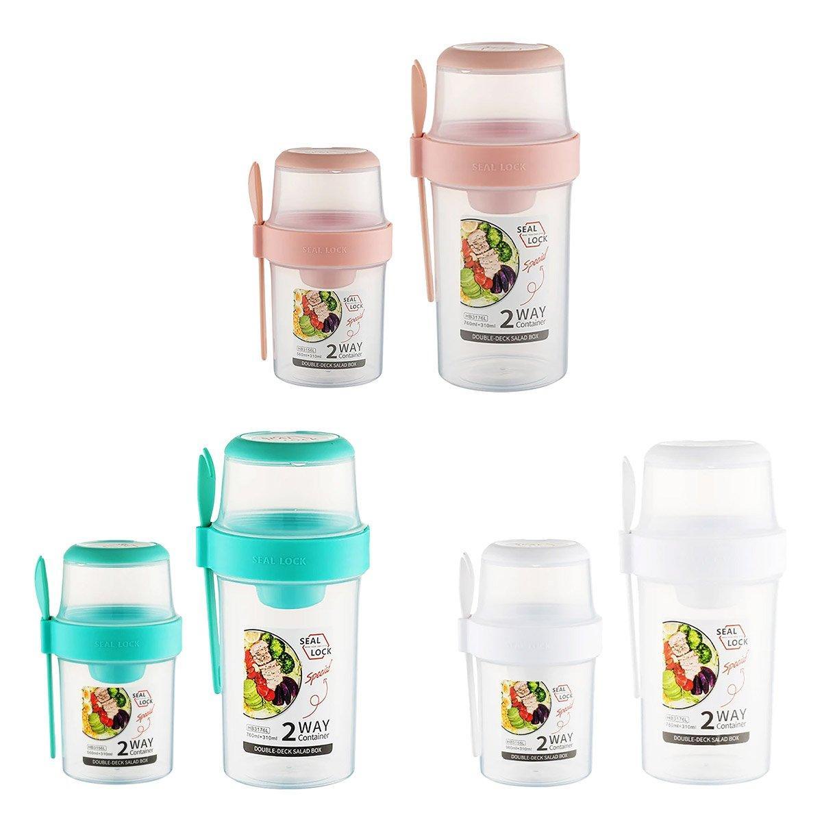 Double Plastic Salad Cup with Fork Sealed Breakfast Container for On-the-Go Meal - 760ml-Pink V528-SALAD-CUPS-760ML-PINK-524058