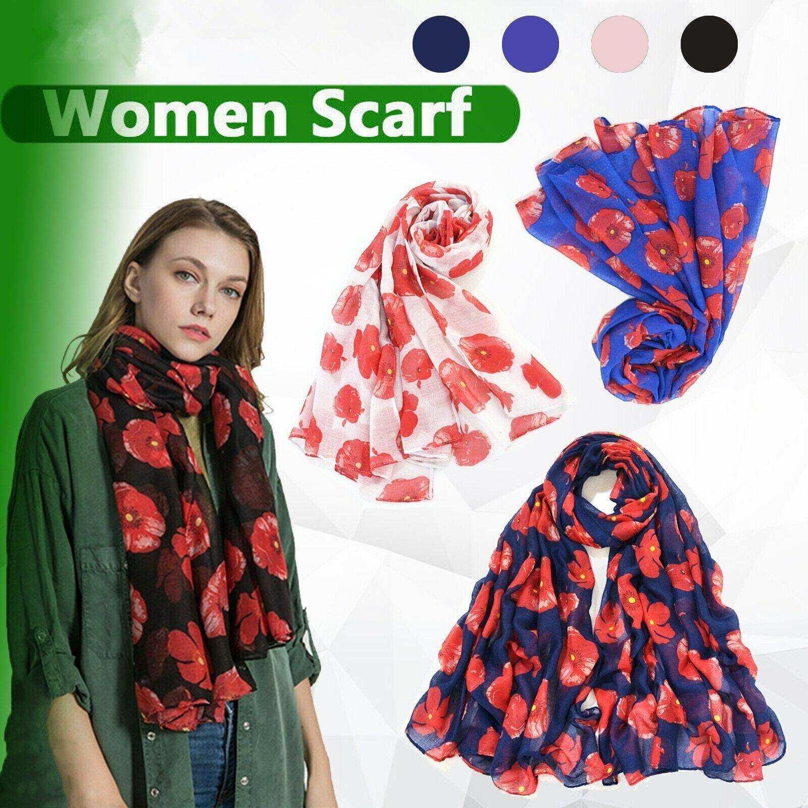Women Ladies Poppy Print Floral Scarf Remembrance Day Poppies Scarves Wrap Shawl - Royal Blue V528-SCARF-BLUE-74761