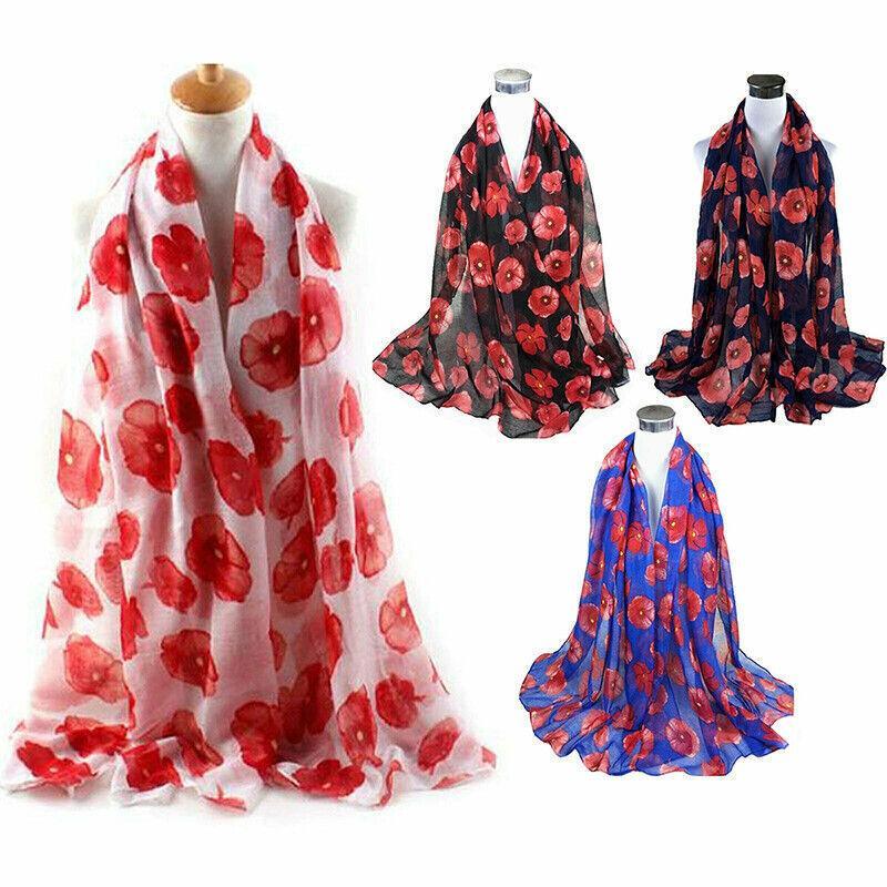 Women Ladies Poppy Print Floral Scarf Remembrance Day Poppies Scarves Wrap Shawl - Royal Blue V528-SCARF-BLUE-74761