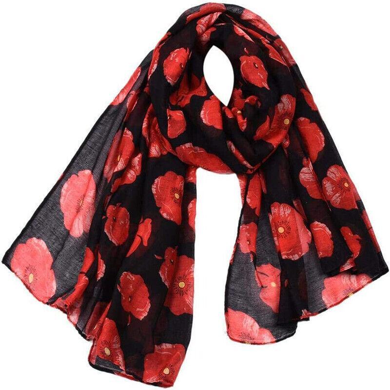 Women Ladies Poppy Print Floral Scarf Remembrance Day Poppies Scarves Wrap Shawl - Royal Blue V528-SCARF-BLUE-74761