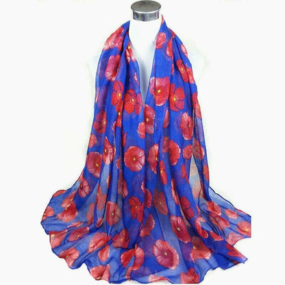 Women Ladies Poppy Print Floral Scarf Remembrance Day Poppies Scarves Wrap Shawl - Royal Blue V528-SCARF-BLUE-74761