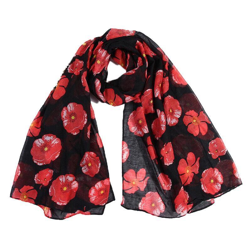 Women Ladies Poppy Print Floral Scarf Remembrance Day Poppies Scarves Wrap Shawl - Royal Blue V528-SCARF-BLUE-74761