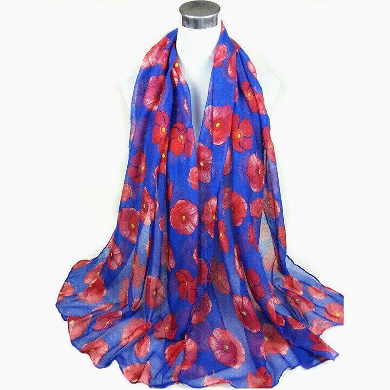 Women Ladies Poppy Print Floral Scarf Remembrance Day Poppies Scarves Wrap Shawl - White V528-SCARF-WHITE-26122