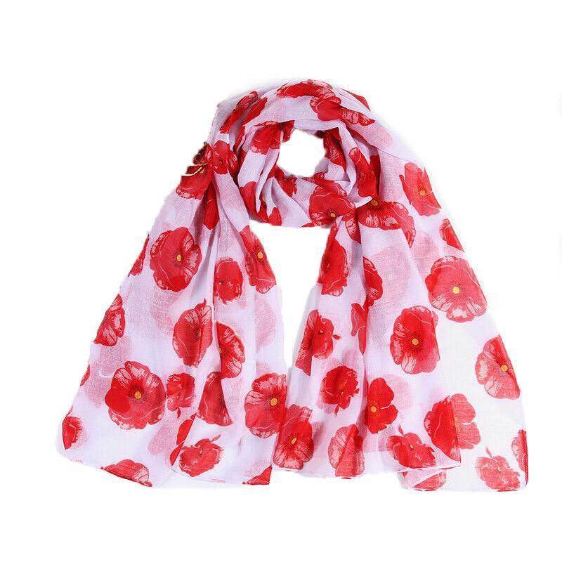 Women Ladies Poppy Print Floral Scarf Remembrance Day Poppies Scarves Wrap Shawl - White V528-SCARF-WHITE-26122