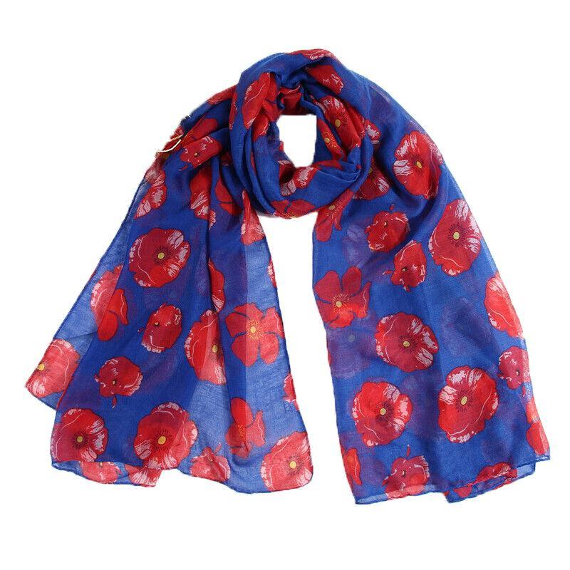 Women Ladies Poppy Print Floral Scarf Remembrance Day Poppies Scarves Wrap Shawl - White V528-SCARF-WHITE-26122