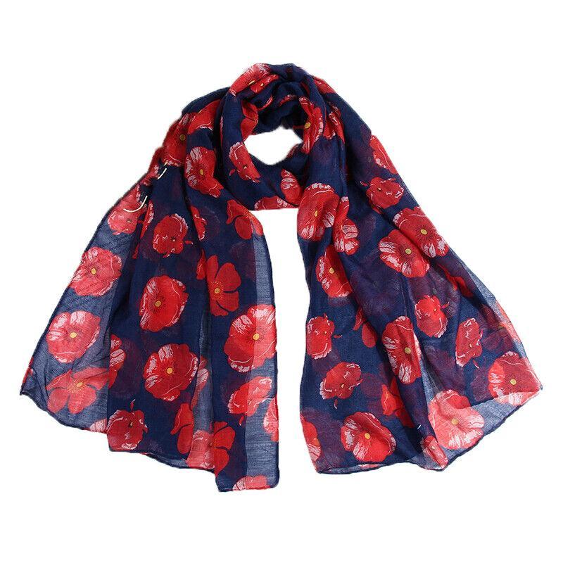 Women Ladies Poppy Print Floral Scarf Remembrance Day Poppies Scarves Wrap Shawl - White V528-SCARF-WHITE-26122