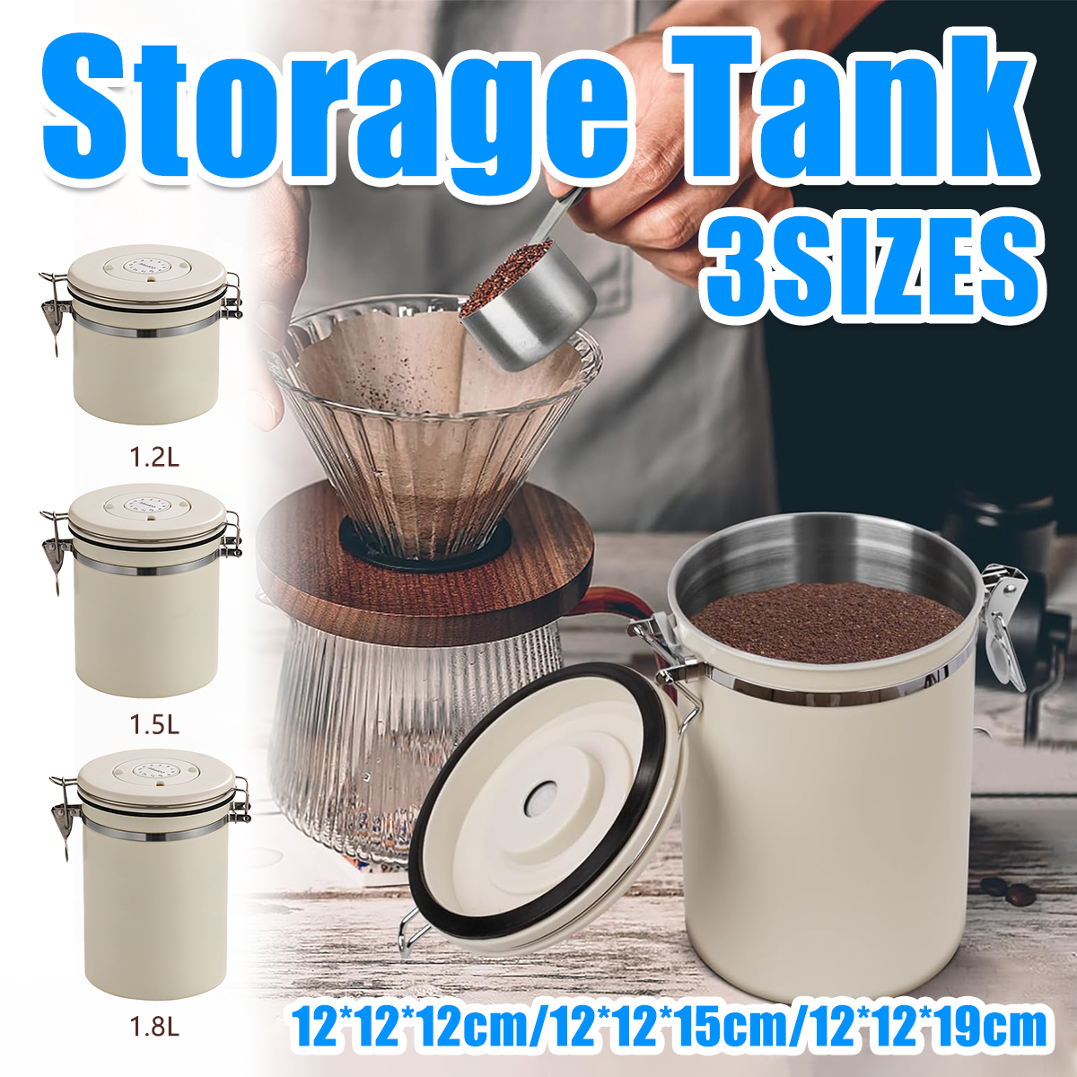 3 Sizes Stainless Steel Coffee Bean Powder Storage Jar Sealed Canister with Valve - 1.2L V528-SEALED-JAR-WHITE-1200ML-985704