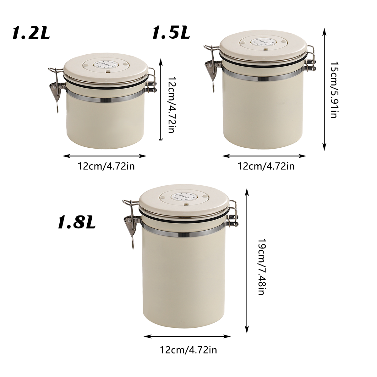 3 Sizes Stainless Steel Coffee Bean Powder Storage Jar Sealed Canister with Valve - 1.2L V528-SEALED-JAR-WHITE-1200ML-985704