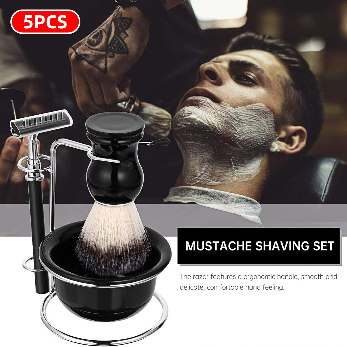 5PCS Shaving Kit Set Manual Razor Brush Stand Bowl Set for Men V528-SHAVING-BRUSH-5PCS-489487