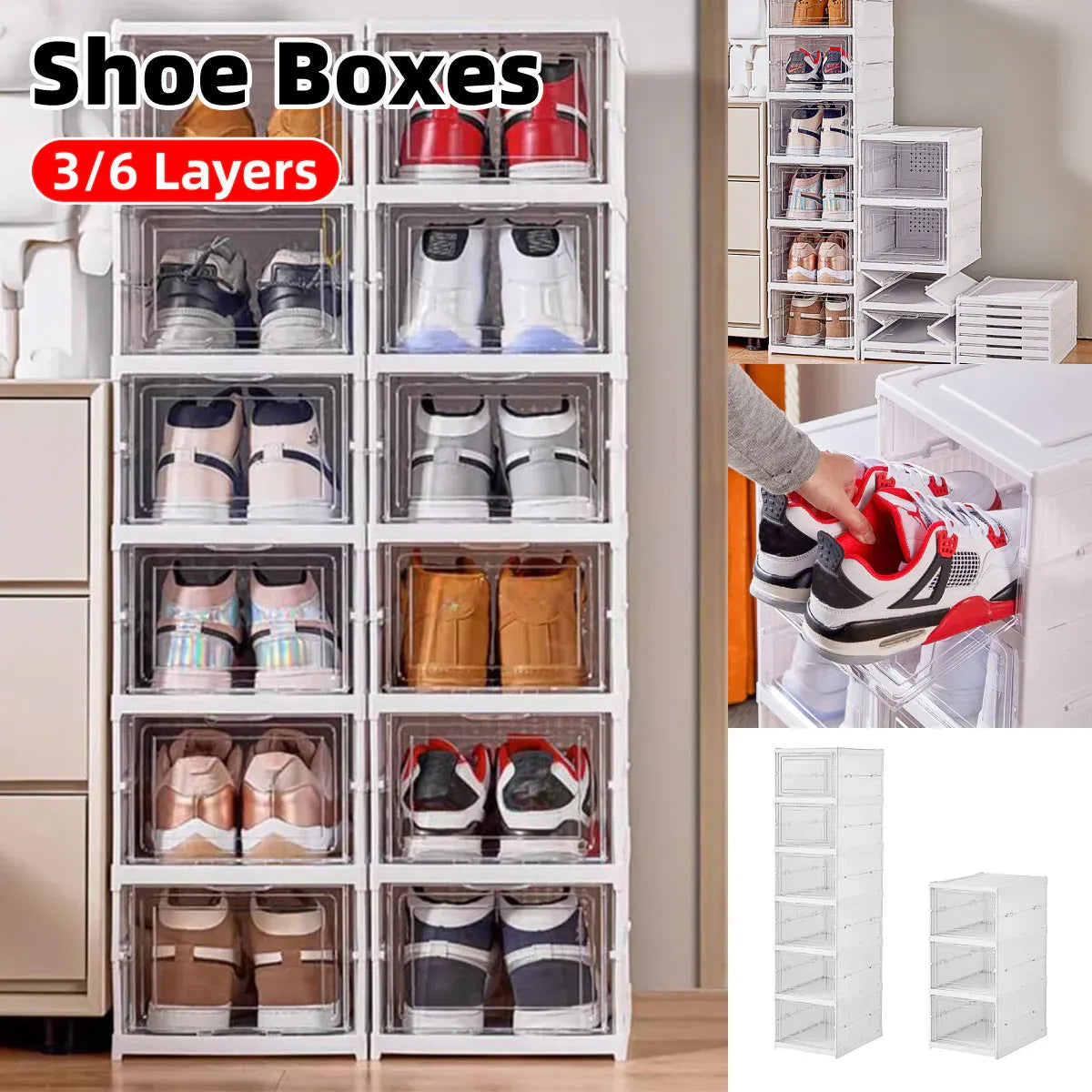 Easy Assemble Shoe Box Foldable Rack 3/6 Layers Storage Transparent Drawers - 3-Tier V528-SHOE-RACK-3-961836