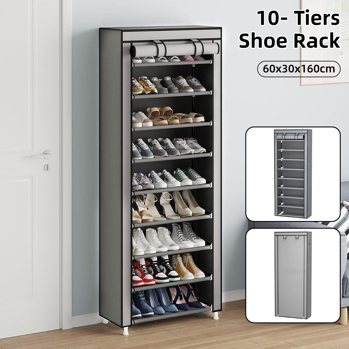 10 Tier Black Shoe Rack Dustproof Organiser Shoe Storage Cabinet for Home Use V528-SHOE-RACK-GREY-415815