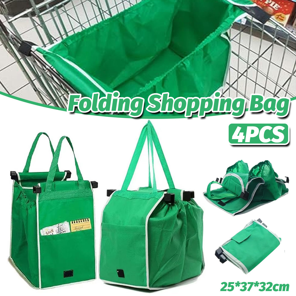4 x Reusable Supermarket Shopping Trolley Clip-on Large Foldable Grab Handle Bag V528-SHOPPING-BAG-GREEN-4PCS-164514