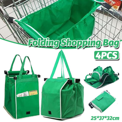 4 x Reusable Supermarket Shopping Trolley Clip-on Large Foldable Grab Handle Bag V528-SHOPPING-BAG-GREEN-4PCS-164514