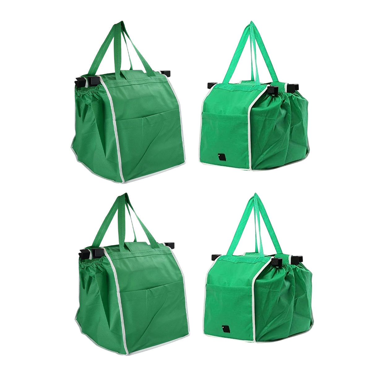 4 x Reusable Supermarket Shopping Trolley Clip-on Large Foldable Grab Handle Bag V528-SHOPPING-BAG-GREEN-4PCS-164514